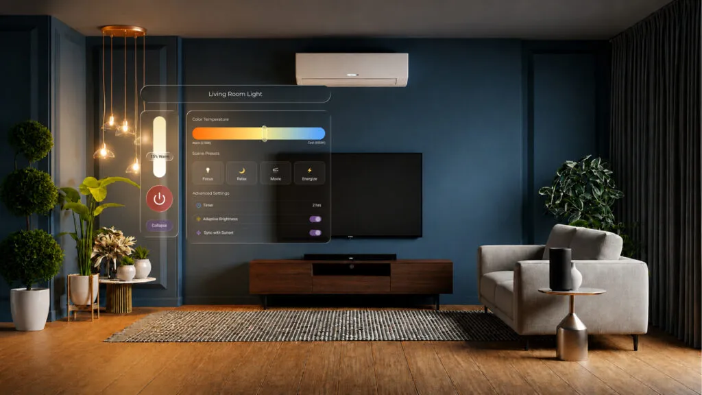 OJO mixed reality interface floating beside a TV in a living room