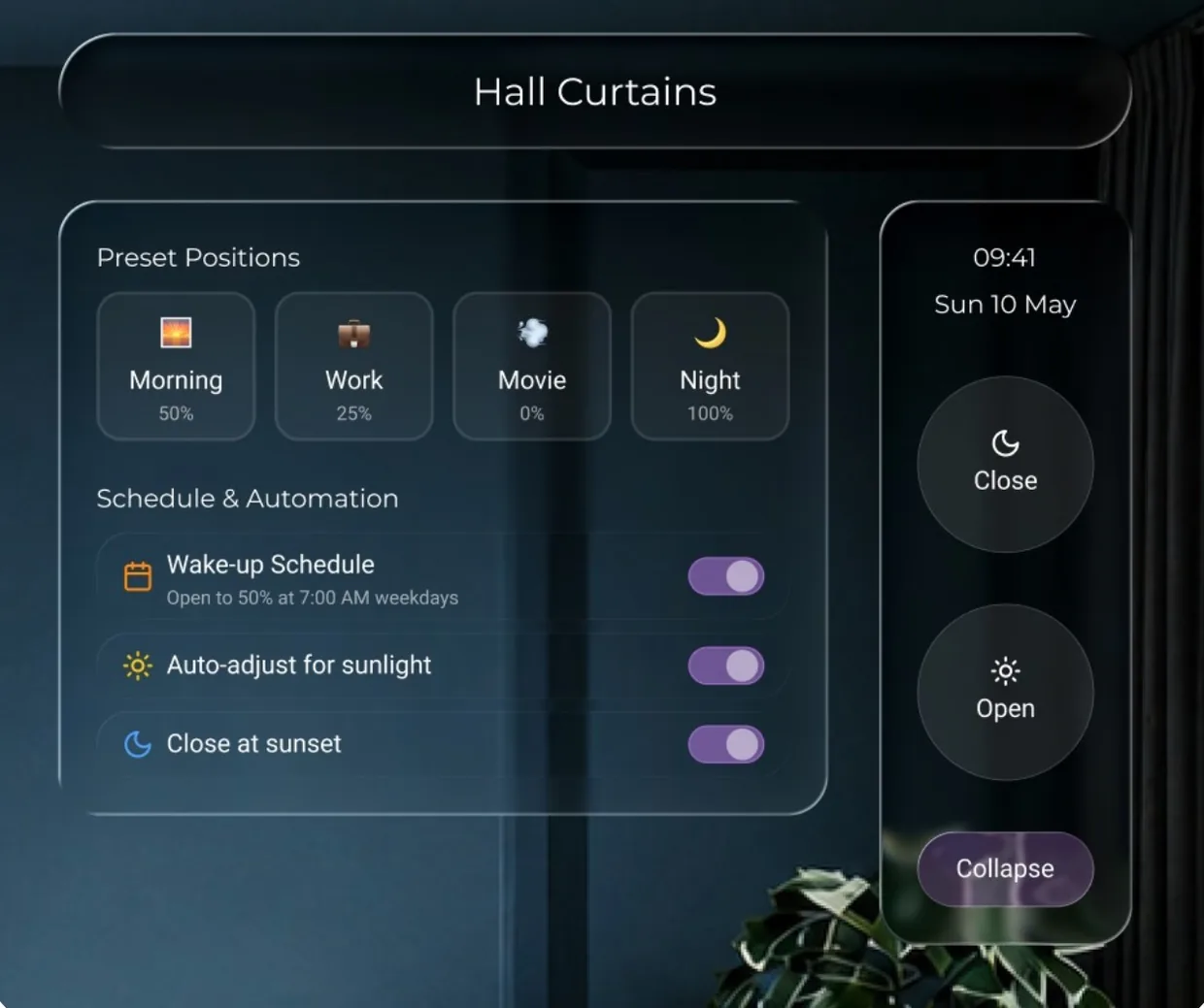 Smart curtains overlay with preset positions, schedules and open and close controls