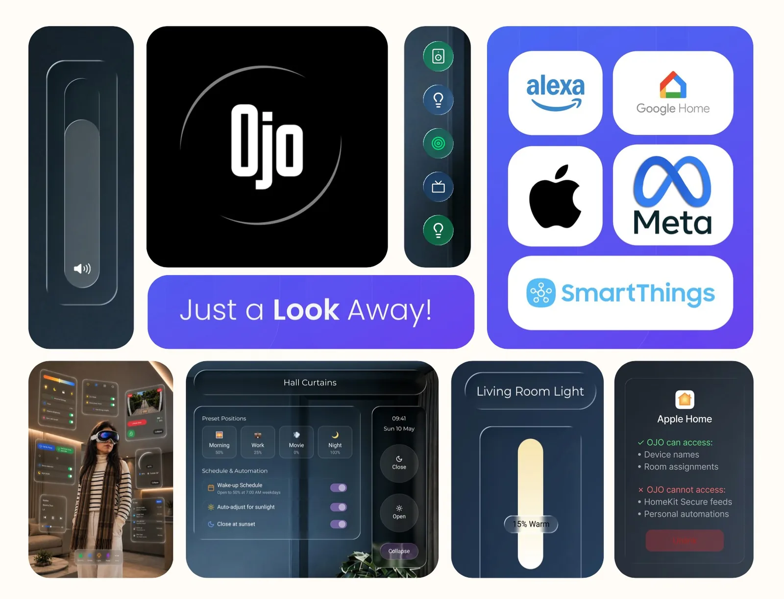 OJO overview: logo, device controls, supported ecosystems and spatial interface