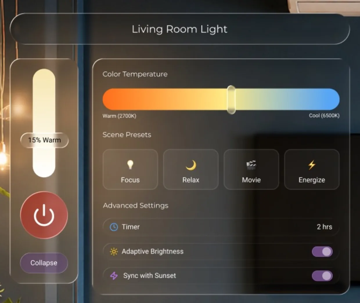 Smart lighting overlay with colour temperature, scene presets and advanced settings