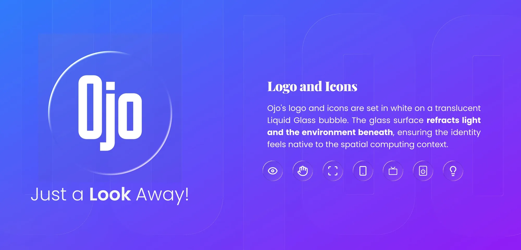 OJO logo, tagline “Just a Look Away!” and icon set on the gaze spectrum gradient