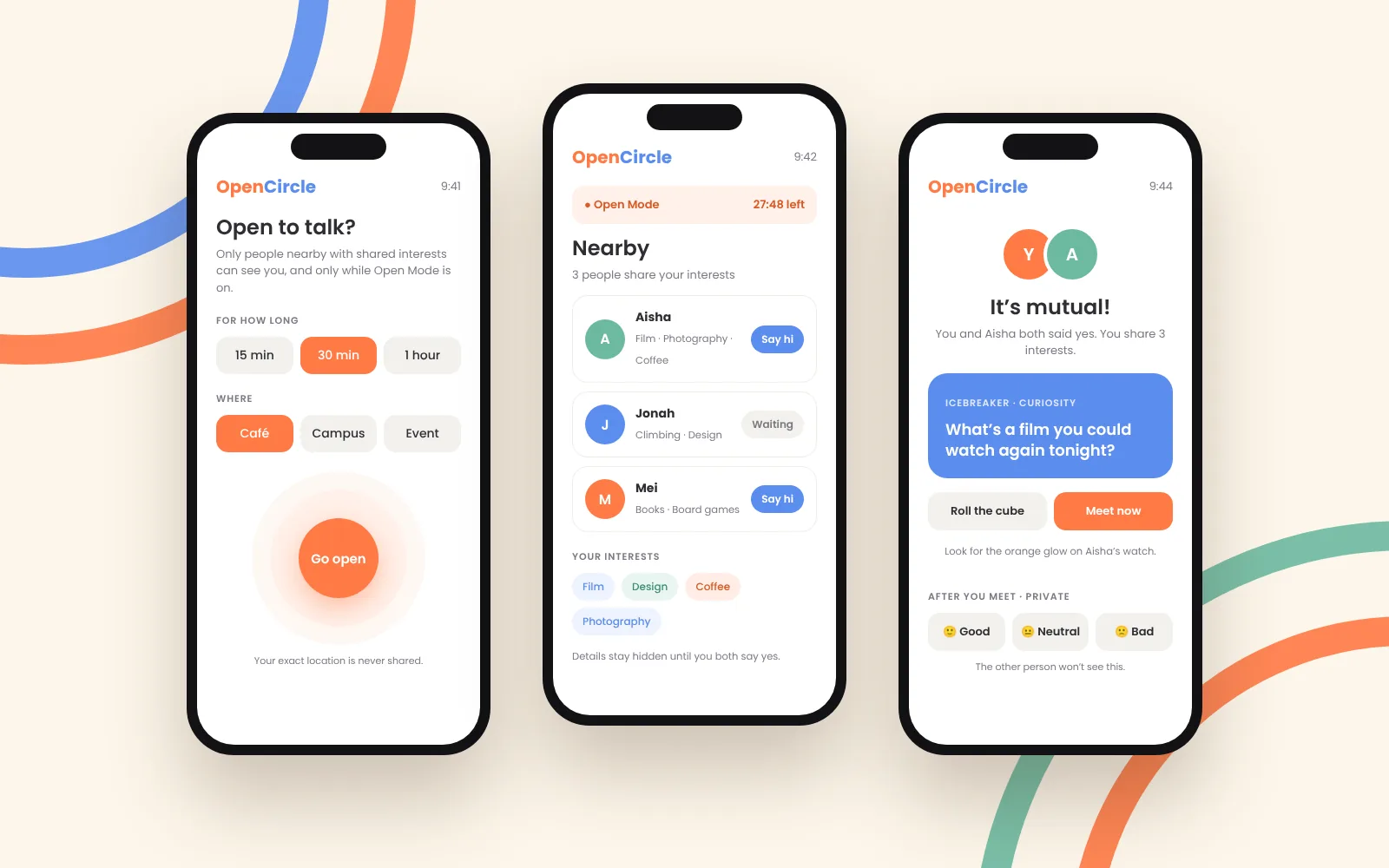 OpenCircle app screens: Open Mode, people nearby with shared interests, and a mutual match with an icebreaker