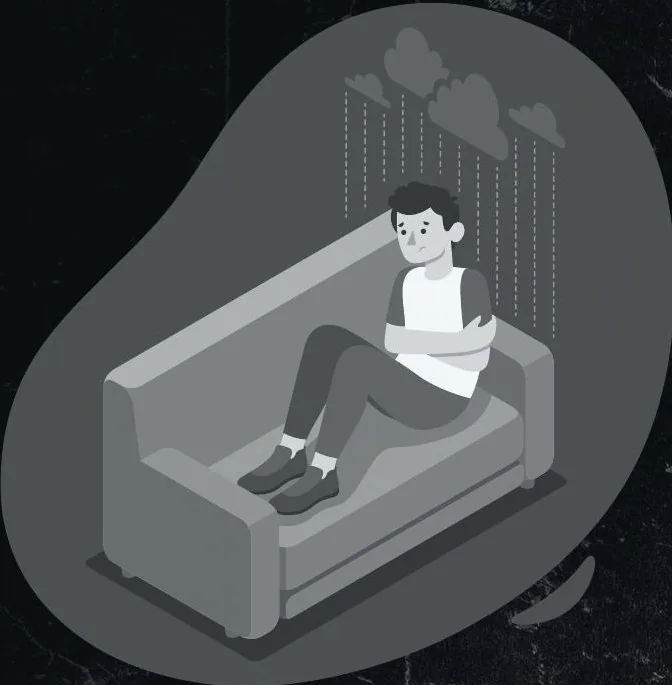 Illustration of a person alone on a sofa under a rain cloud: privacy as isolation