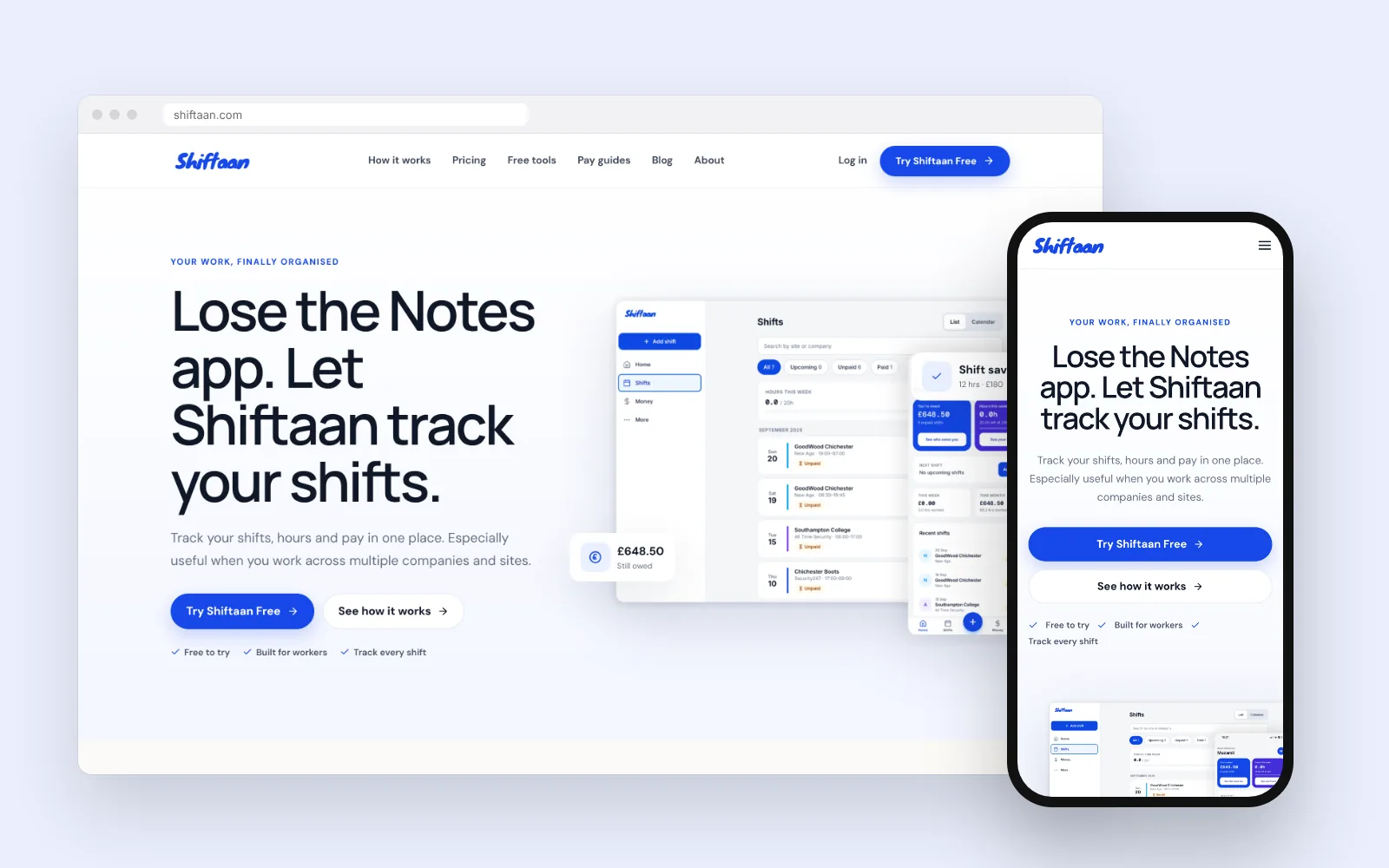 Shiftaan shift and pay tracking app on desktop and mobile