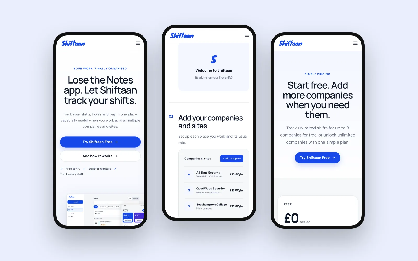 Shiftaan on mobile: the home page, adding companies and sites with their rates, and simple pricing