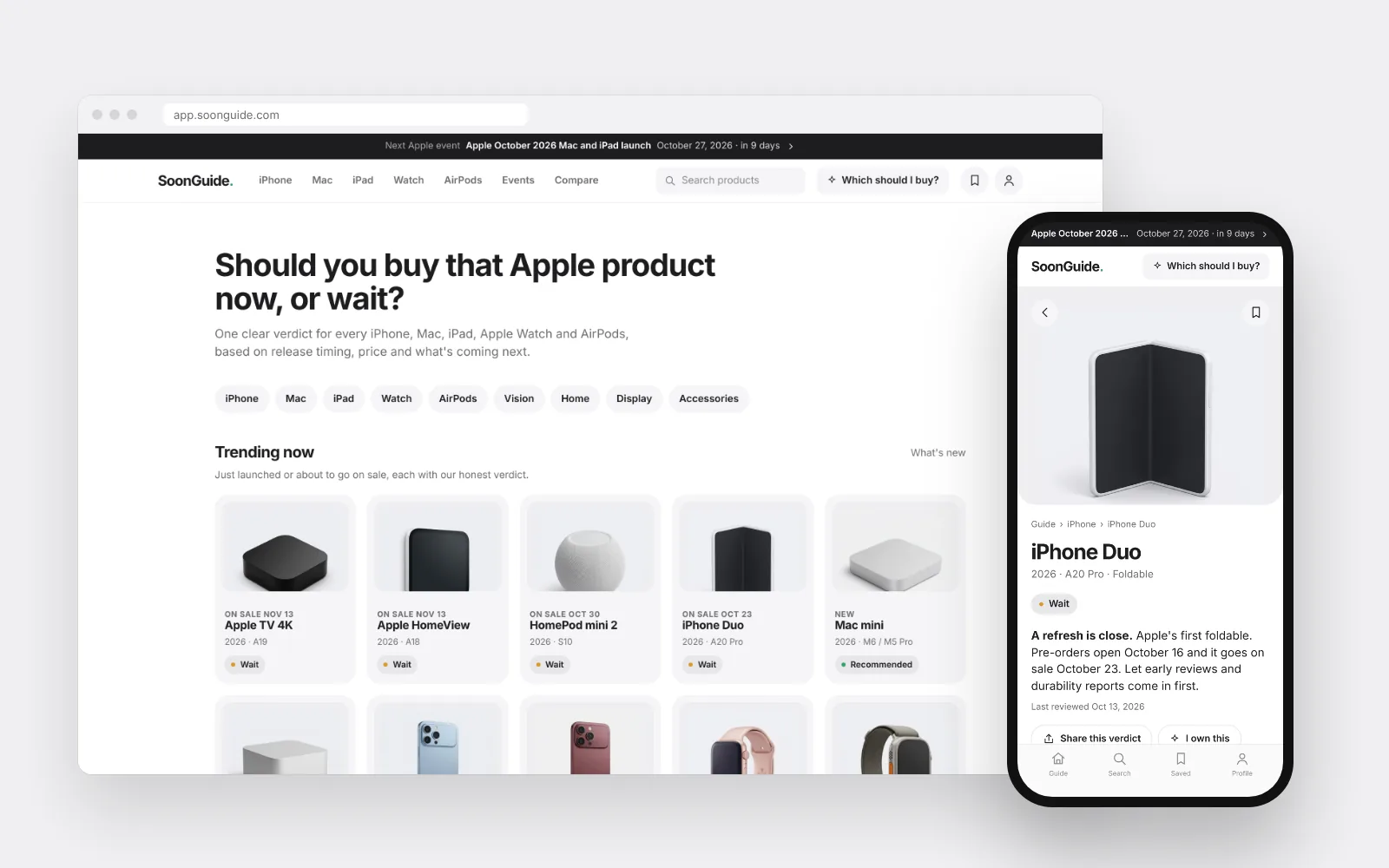 SoonGuide app on desktop and mobile, with product cards and a Wait verdict for iPhone Duo