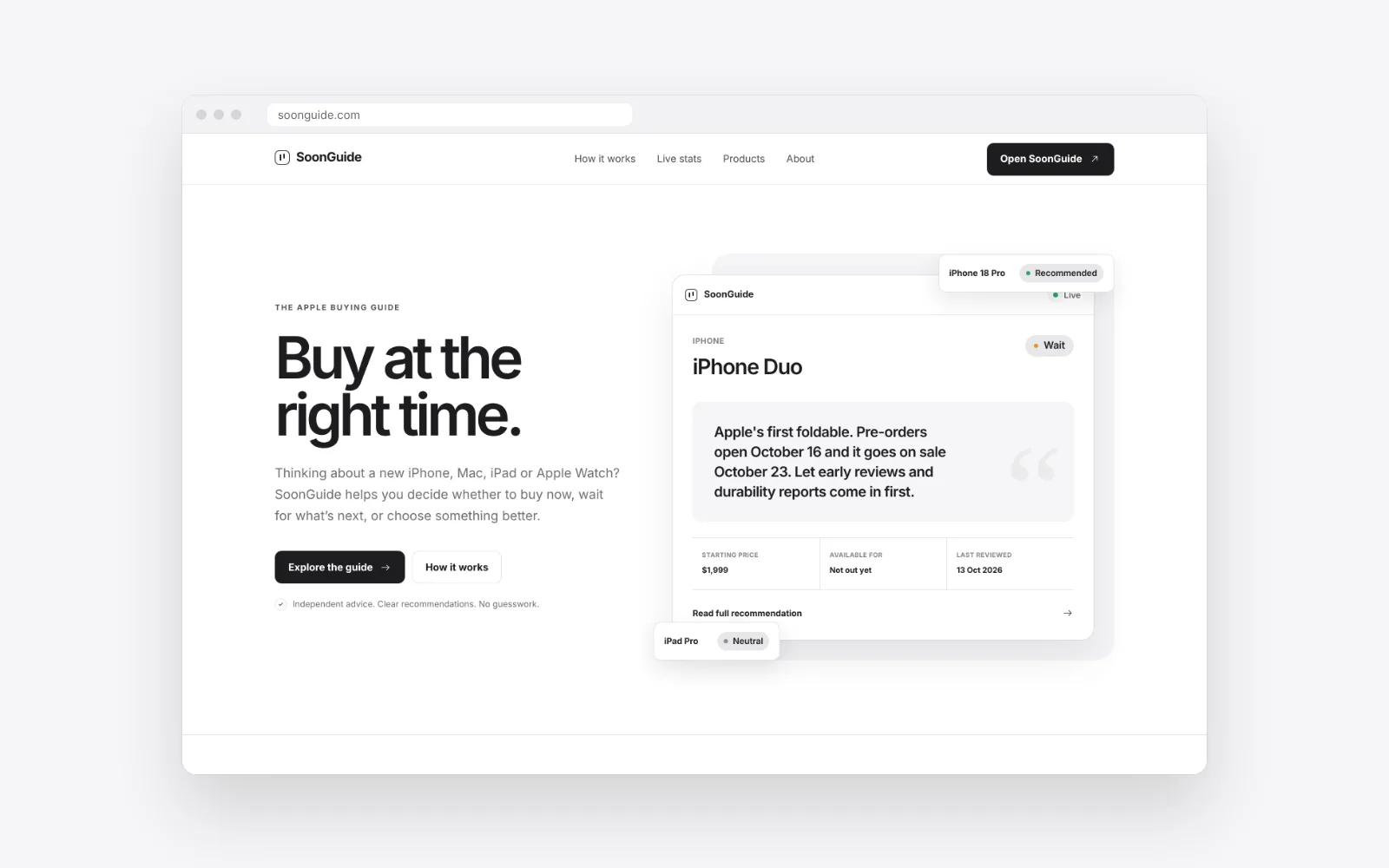 SoonGuide landing page: “Buy at the right time” with an example product card and verdict tags