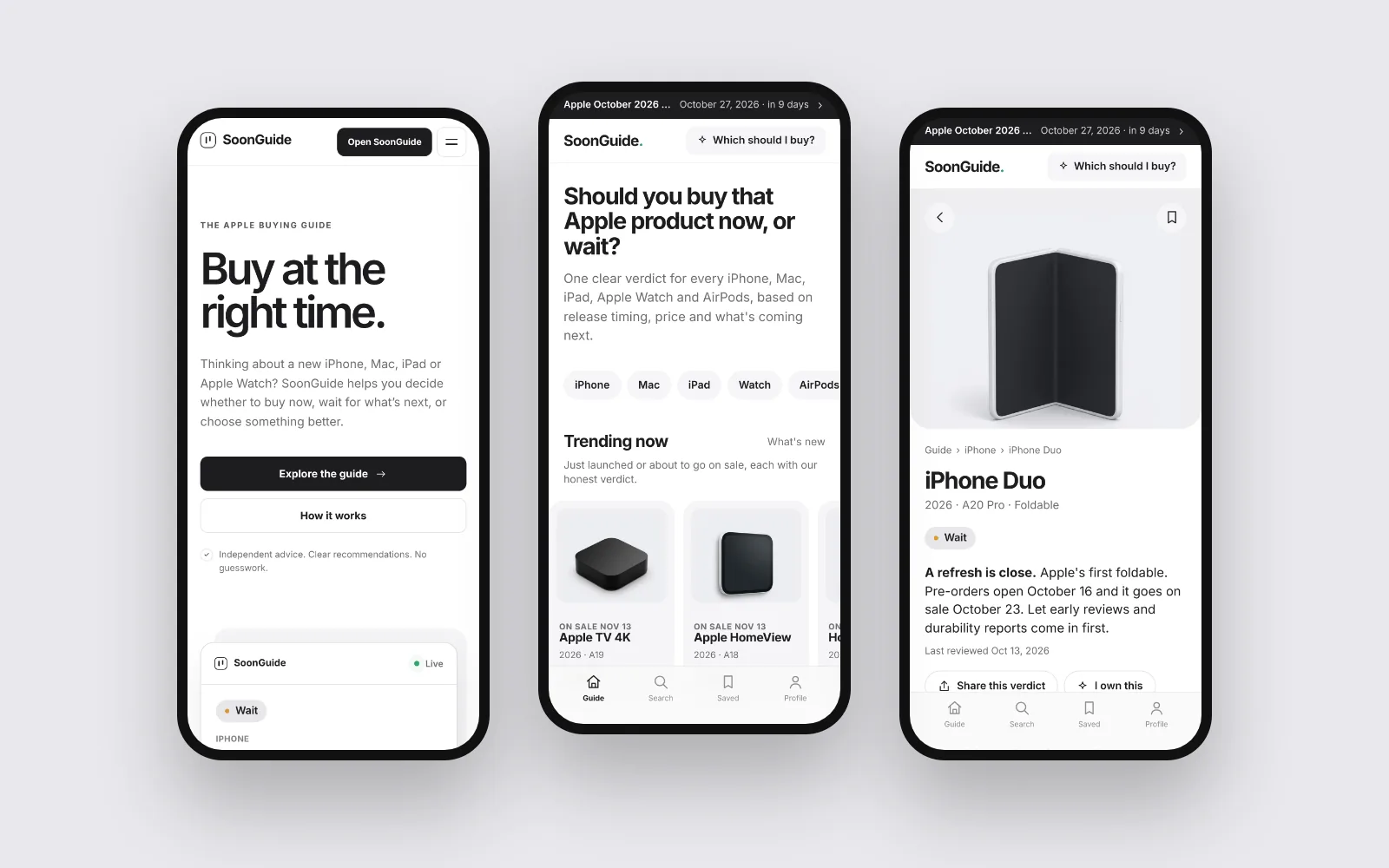 SoonGuide on mobile: the landing page, trending products and a product page with a Wait verdict