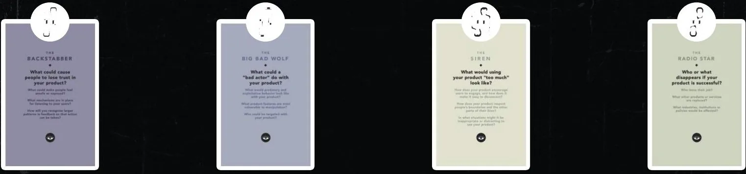 Tarot Cards of Tech used to stress-test the dystopia: the Backstabber, the Big Bad Wolf, the Siren and the Radio Star